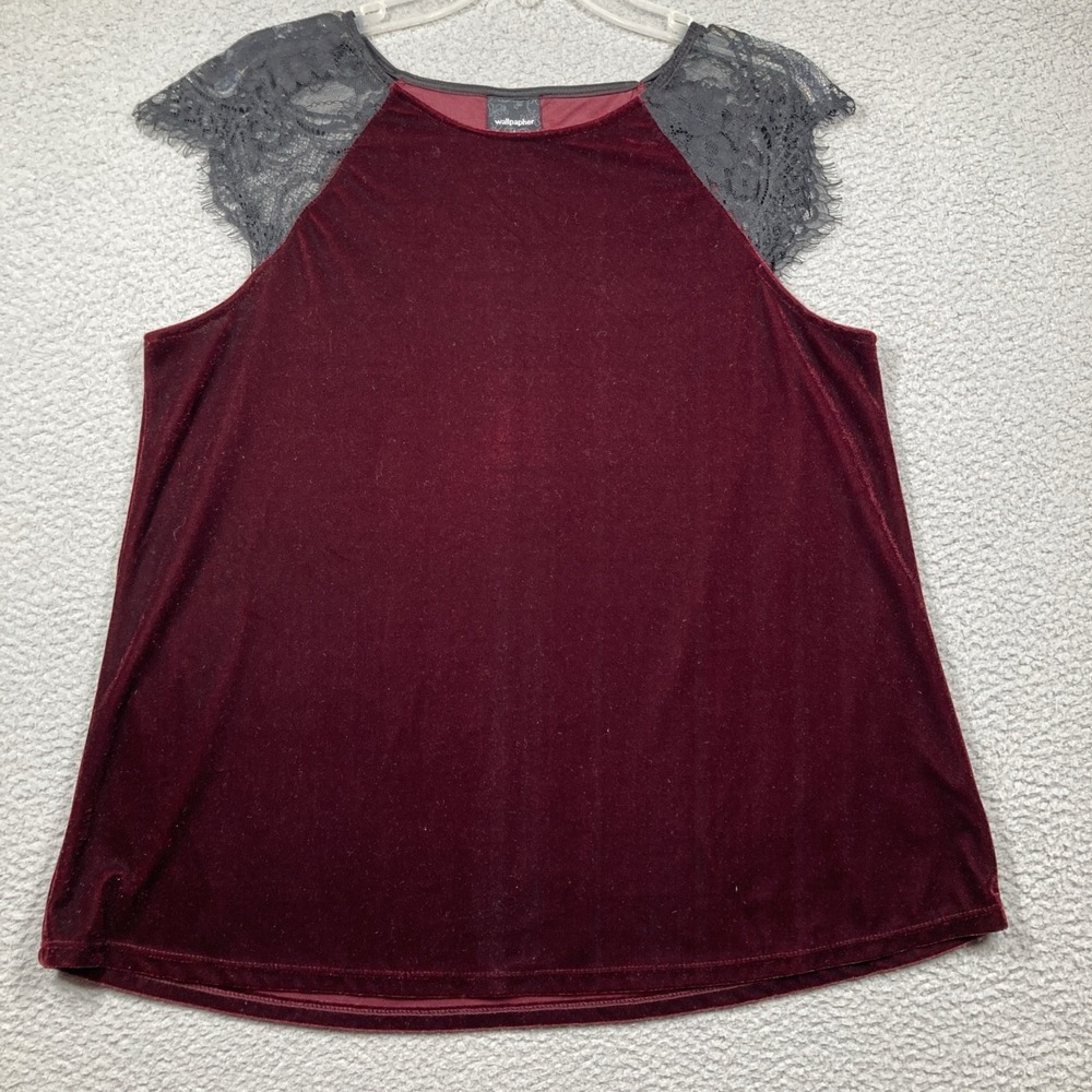 Wallpapher Top Women's Large Burgundy Velvet Black Lace Sleeve Whimsigoth Fairy